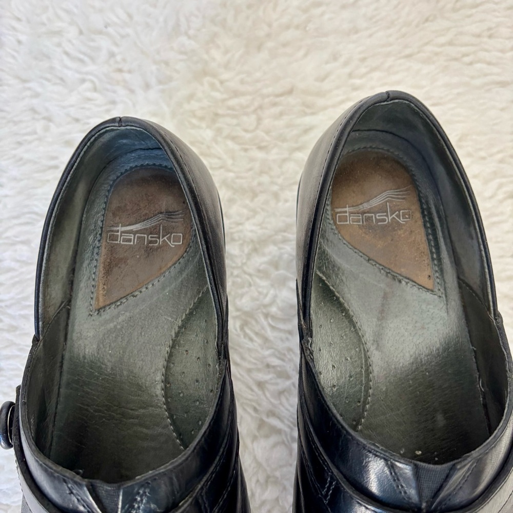 Dansko Black Leather Slip-On Clogs - Picture 12 of 13